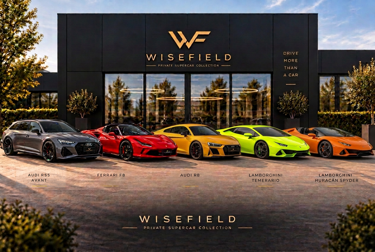 WISEFIELD private supercar collection showroom with Audi RS5 Avant, Ferrari F8, Audi R8, green Lamborghini Temerario and orange Lamborghini Huracán Spyder