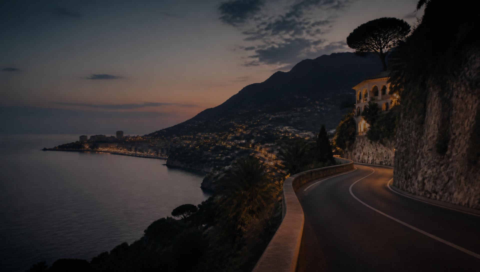 Coastal road along the Côte d'Azur at dusk